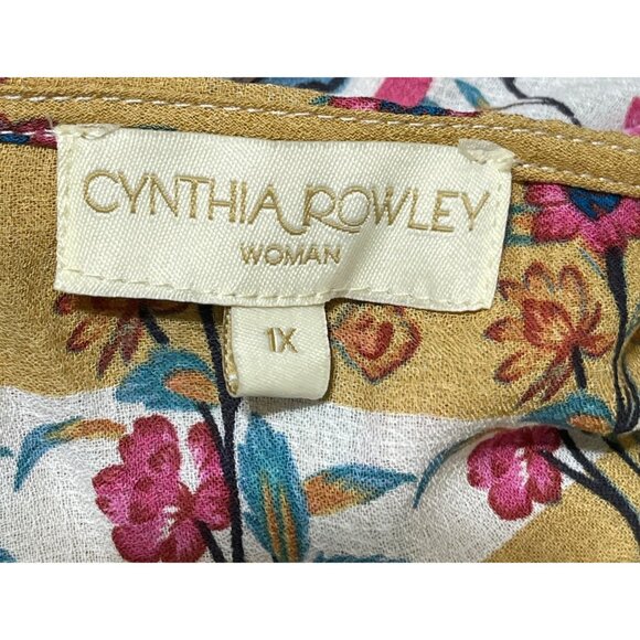 Cynthia Rowley Top Tunic Ruffle Trim Floral Size 1X Gold Pink Teal V-Neck - Picture 4 of 7